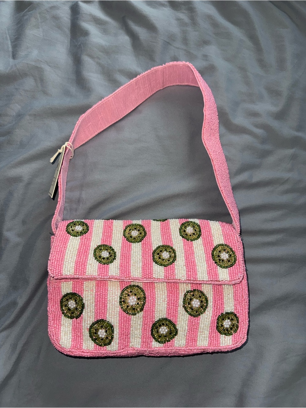 Pink Striped Beaded Kiwi Shoulder Bag Handmade in India New with Tags